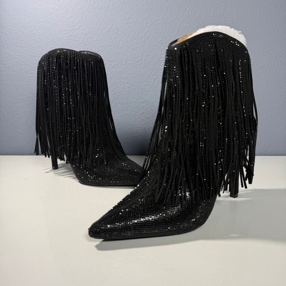 INC Black Rhinestone Fringe‎ Ankle Boots 4" Heel Stiletto 8.5M - Picture 4 of 9